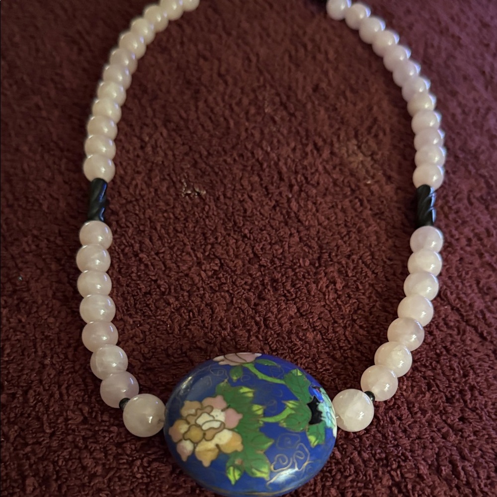Rose quartz beaded necklace with painted cloisonné pendant
